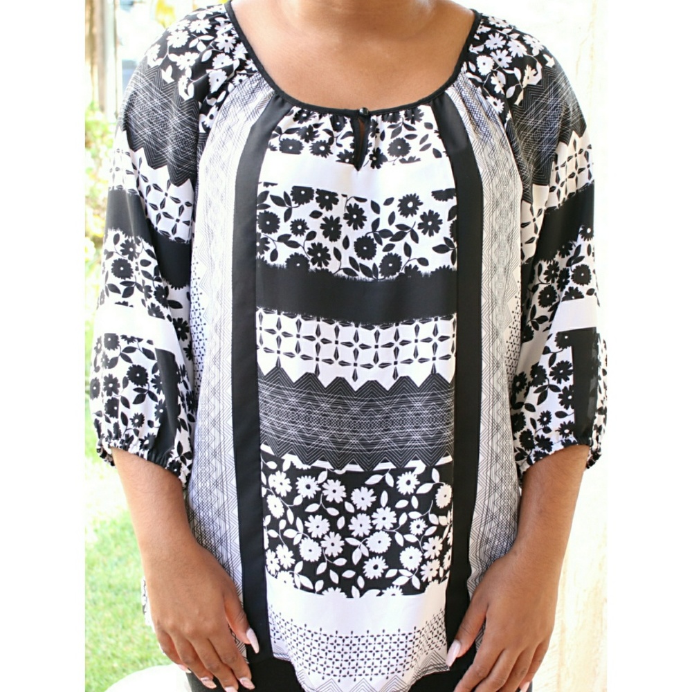 NY Collection Black and White Floral Top